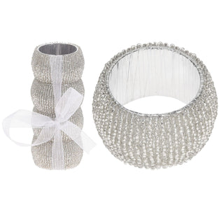 Set Of 4 Deluxe Silver Napkin Rings | Chic Beaded Glass Christmas Napkin Holder | Wedding Serviette Rings Table Napkin Holder