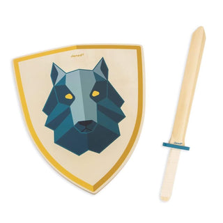 Janod Wooden Sword & Shield Set | Wolf Design | Kid's Pretend Play Fancy Dress