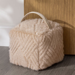 Cream Faux Fur Cube Doorstop | Square Plush Weighted Door Stop With Handle 21cm