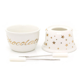 Chocolate Fondue Set | White Ceramic Tea Light Candle Fondue Pot with 2 Forks