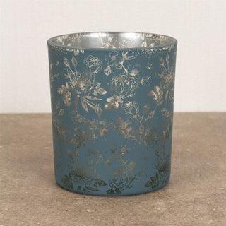 Large Botanical Love Tealight Holder | Blue Floral Glass Votive Candle Pot 10cm