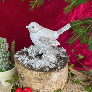 Winter Bird Ornament | White Resin Bird on Log Figurine Christmas Statue - 7x9cm