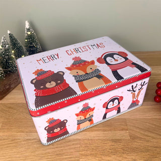 Merry Christmas Biscuit Tin | Animal Friends Cookie & Cake Storage Tin - 22x16cm