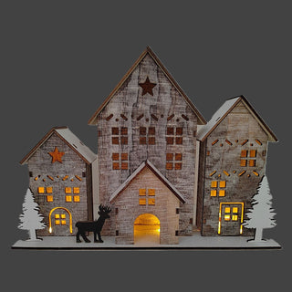 LED Wooden Christmas Scene | Light Up House Christmas Village Ornament - 18x25cm