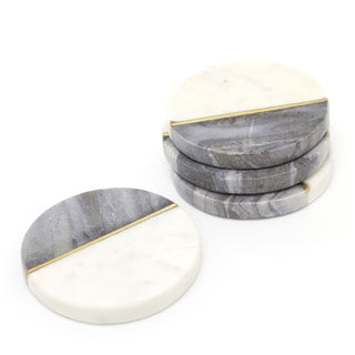 Set Of 4 Natural Marble Coasters | Stylish Two Tone Coaster Set | Round Cup Mug Table Mats - Colour Varies, One Set Supplied