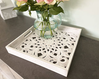 Whitewashed Carved Square Tray | Shabby Chic Display Tray | Ornate Wooden Tray - 36cm