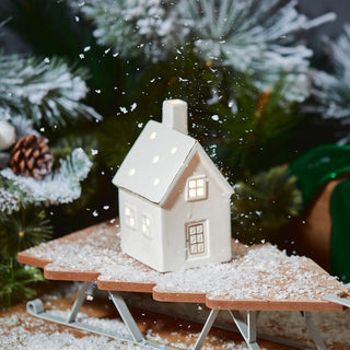 White Ceramic LED House | Light Up Christmas Ornament | Christmas Village Decor - 14cm