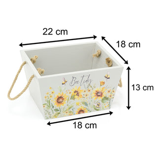 Shabby Chic Floral Bee Crate Hamper | Decorative Grey Bee Tidy Wooden Crate | Honey Bee Storage Box With Handles