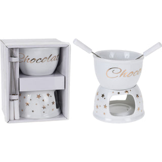 Chocolate Fondue Set | White Ceramic Tea Light Candle Fondue Pot with 2 Forks