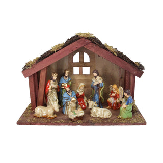 11-Piece Traditional Nativity Set with 10 Ceramic Figures & Wooden Stable - 30cm