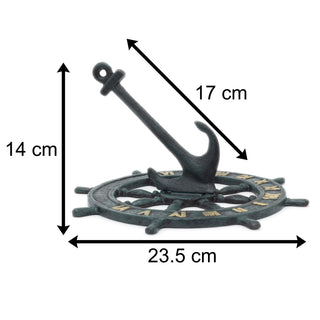 Nautical Cast Iron Garden Sundial | Metal Outdoor Sundial Ship Wheel Anchor Ornament - 23cm