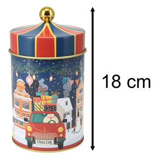 Round Christmas Storage Tin | Festive Carousel Cookie Biscuit Tin - 18cm