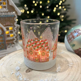 Gingerbread House Tealight Holder | Round Glass Christmas Candle Holder - 7cm