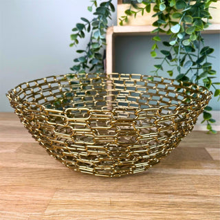 Gold Metal Chain Link Bowl | Round Decorative Gold Effect Display Dish - 26cm