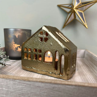 Gold Metal House Shaped Tealight Candle Holder | Christmas Tea Light House