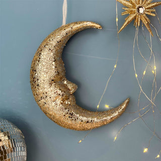 Gold Sparkling Moon Hanging Decoration | Glitter Crescent Moon Ornament - 24cm