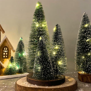 LED Bottle Brush Christmas Trees on Wooden Base | Snowy Green Light - Up Trees