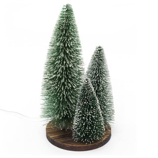 LED Bottle Brush Christmas Trees on Wooden Base | Snowy Green Light - Up Trees