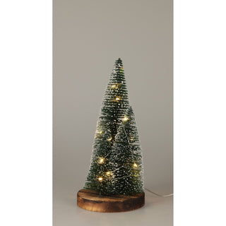 LED Bottle Brush Christmas Trees on Wooden Base | Snowy Green Light - Up Trees