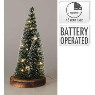 LED Bottle Brush Christmas Trees on Wooden Base | Snowy Green Light - Up Trees