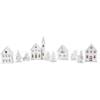 LED Christmas Village | 10 - Piece Wooden Christmas Scene with 4 Light - Up Houses