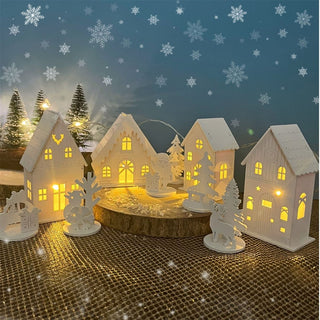 LED Christmas Village | 10 - Piece Wooden Christmas Scene with 4 Light - Up Houses