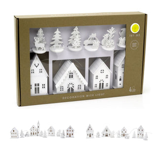 LED Christmas Village | 10 - Piece Wooden Christmas Scene with 4 Light - Up Houses