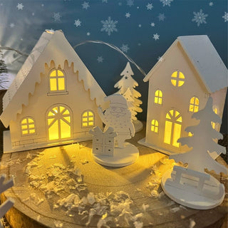 LED Christmas Village | 10 - Piece Wooden Christmas Scene with 4 Light - Up Houses