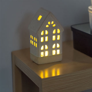 LED Sandy House Ornament | Ceramic Light - Up Miniature Village House - 14cm