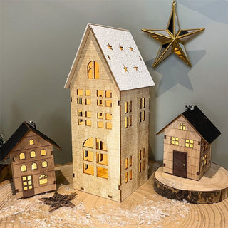 LED Wooden Christmas House | Light Up House Christmas Village Ornament - 25cm