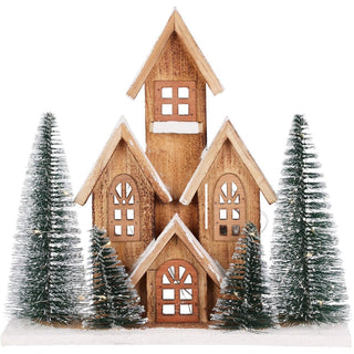 LED Wooden Christmas House with Bottle Brush Trees | Light Up Ornament - 30cm