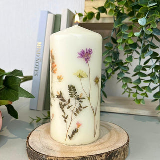 Les Fleurs Pillar Candle With Flowers | Botanical Unscented Candle Decorative Candles - Design Varies One Supplied