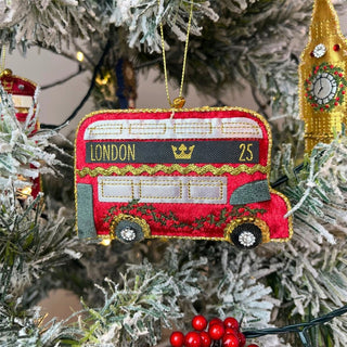 London Bus Christmas Bauble | Luxury Fabric Red Double Decker Ornament - 10.5cm