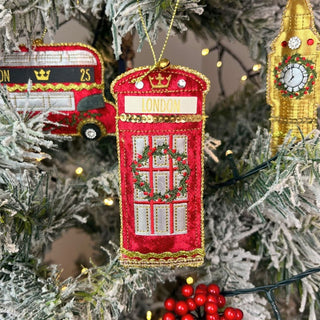 London Phone Box Bauble | Luxury Fabric Christmas Tree Hanging Ornament - 11cm