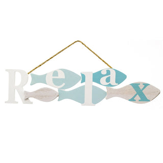 Nautical Wooden Fish Wall Art | Relax Plaque Coastal Sign Decoration - 37cm