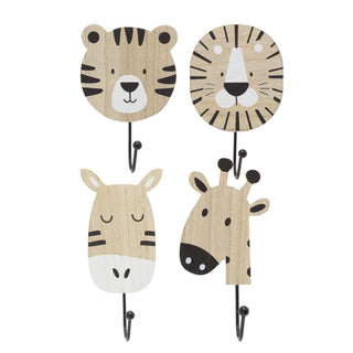 Pack of 4 Children's Wooden Animal Wall Hooks | Safari - Themed Coat Hooks & Pegs