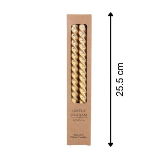 Pair of Metallic Gold Twist Dinner Candles | 2 Christmas Taper Candles - 25cm