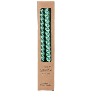 Pair of Metallic Green Twist Dinner Candles | 2 Christmas Taper Candles - 25cm