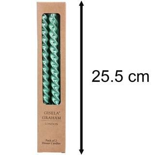 Pair of Metallic Green Twist Dinner Candles | 2 Christmas Taper Candles - 25cm