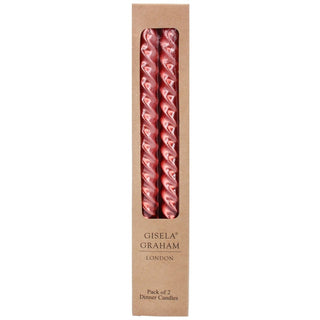 Pair of Metallic Red Twist Dinner Candles | 2 Christmas Taper Candles - 25cm