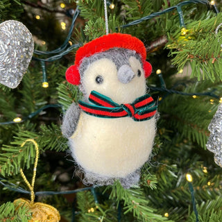 Penguin Christmas Bauble | Grey Wool Penguin Christmas Tree Ornament - 11cm