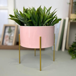 Pink And Gold Ceramic Cache Plant Pot Planter With Stand