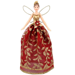 Red Fairy Christmas Tree Topper | Gold Leaf Fairy Angel Tree Ornament - 18cm