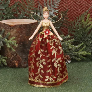 Red Fairy Christmas Tree Topper | Gold Leaf Fairy Angel Tree Ornament - 18cm