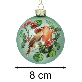 Robin Redbreast Bauble | Green Glass Christmas Tree Hanging Ornament - 8cm