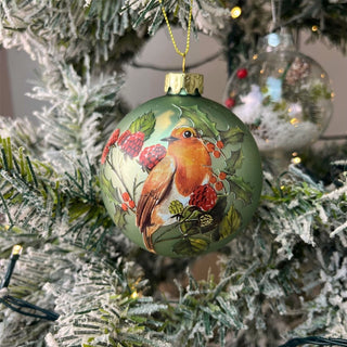 Robin Redbreast Bauble | Green Glass Christmas Tree Hanging Ornament - 8cm