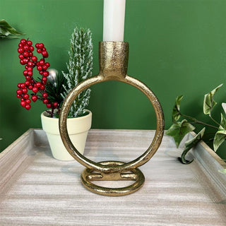 Round Ring Gold Metal Candlestick | Tapered Dinner Candle Holder - 15 cm