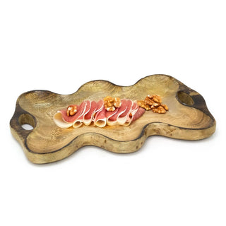 Rustic Mango Wood Serving Tray | Wavy Edge Wooden Platter with Handles - 35cm