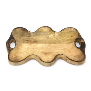 Rustic Mango Wood Serving Tray | Wavy Edge Wooden Platter with Handles - 35cm