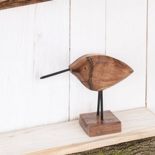 Rustic Wooden Bird Ornament | Decorative Mango Wood & Metal Bird Statue